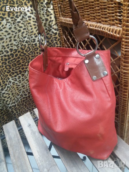 ПРОМО! Естествена кожа чанта, голяма червена, тип ТОРБА, снимка 1
