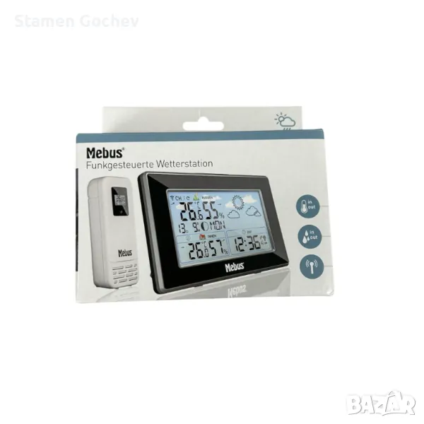 Mebus метеостанция с външен сензор, хигрометър, часовник, черна, снимка 1