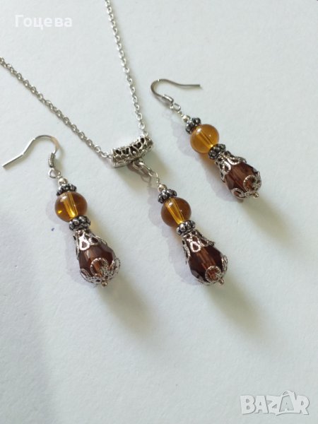Красив комплект бижута с мъниста от Венецианско стъкло в кафяво и орнаменти в цвят Сребро  , снимка 1