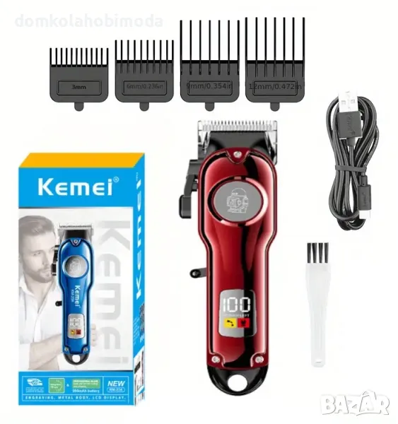 Професионалнa машинка Kemei, LED дисплей, Регулируема глава, 4 приставки, USB, Безжичнa, снимка 1