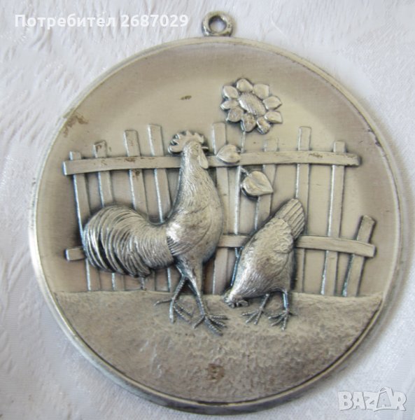 Петли и плакети: Плакет, пано с петел, слънчоглед кокошка, як, бизон, Ернст Телман,конметал, висулка, снимка 1
