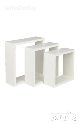 Рафтове за стена, бели, 3бр квадратни етажерки в комплект 
