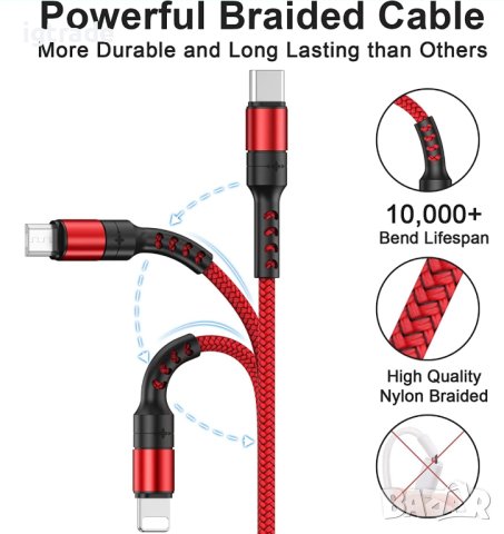 3-в-1 USB - Мicro, USB C , Lightning port - кабел за зареждане - 1.2 метра, снимка 5 - USB кабели - 40384163