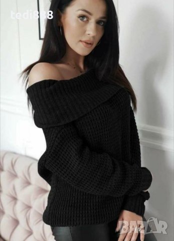 Разпродажба  Нов черен пуловер с паднало рамо, снимка 1 - Блузи с дълъг ръкав и пуловери - 38131011