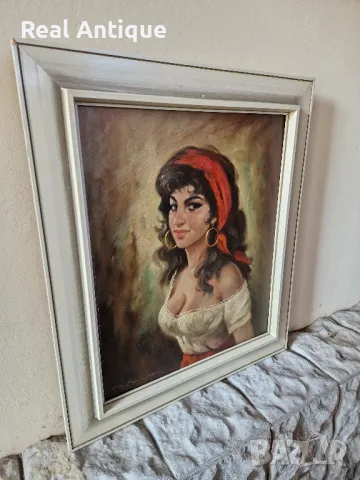 Страхотна антикварна авторска майсторска картина масло върху платно , снимка 5 - Антикварни и старинни предмети - 48555426