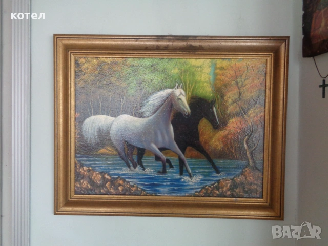 Продавам авторска картина с маслени бои ,,Препускащи коне", снимка 2 - Картини - 53924575