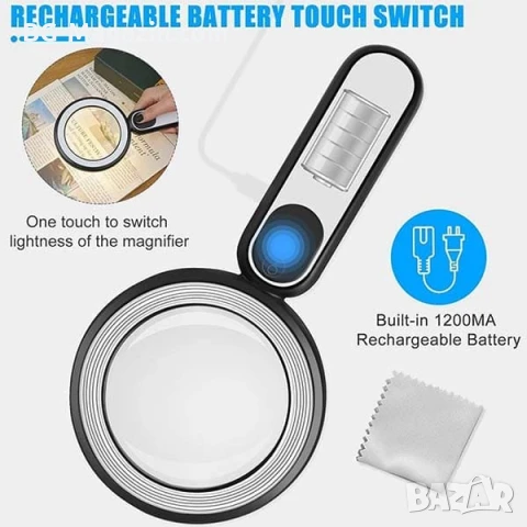 Мощна голяма увеличителна лупа 15X LED осветление стъклена за четене на книга вестник с дръжка лед, снимка 4 - Други инструменти - 50919742