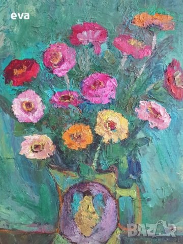 НЕВЕНА ДИМИТРОВА 1927 Натюрморт с Астри 1970те години, снимка 4 - Картини - 39155055