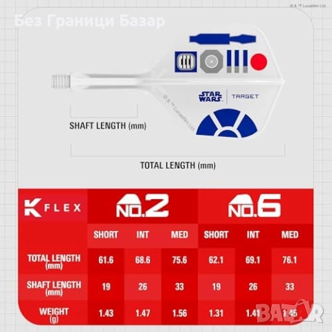 Нов дартс комплект Target Darts STAR WARS R2-D2 K-Flex перки и дръжки 3 броя, снимка 4 - Други спортове - 52630306