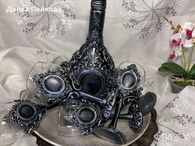 Сервиз за аперитив от 6 чаши и бутилка за любимо питие  ръчна изработка, снимка 2 - Други - 40441250
