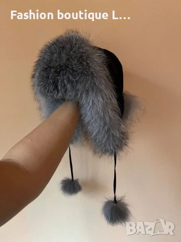 Дамска черна пухена шапка с ушанки и сив косъм ❤️, снимка 6 - Шапки - 52859601