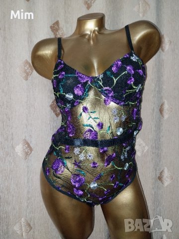 80 В  Черно ефирно боди с лилава бродерия 