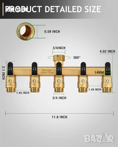 5-пътен разделител за вода, 3/4-инчов конектор за кран, плътен месинг, снимка 7 - Напояване - 54025335