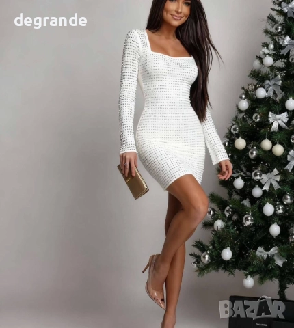 Елегантна дамска Рокля в Бяло и Черно/Машинно втъкани Камъчета в плата/, снимка 2 - Рокли - 52848065