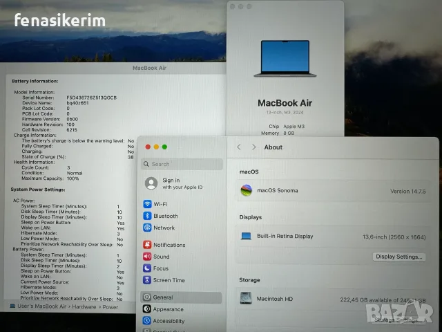 НОВ 13.6' Apple MacBook Air M3 2024 Midnight - 8GB RAM/256GB SSD/Бат 10 цик 100%, снимка 6 - Лаптопи за дома - 55840312