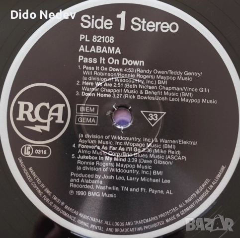 Грамофонна Плоча (Alabama - Pass It On Down), снимка 3 - Грамофонни плочи - 51966064
