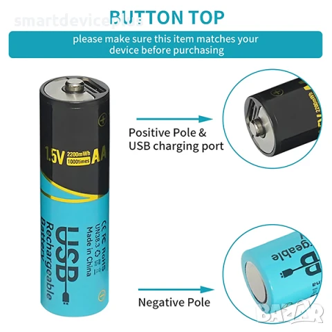 Батерия AA 1.5V Rechargeable Type-C, 2200mWh - 2 бр., снимка 2 - Друга електроника - 50685775