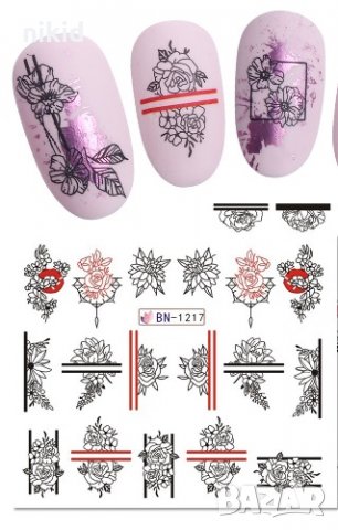 BN- 1217 червен черен контур цветя татос ваденки водни стикери слайдери за нокти маникюр декорация, снимка 2 - Продукти за маникюр - 30110933