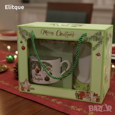 Коледен подаръчен комплект – Керамична чаша с лъжичка и чинийка в празнична кутия, снимка 2 - Декорация за дома - 52575641