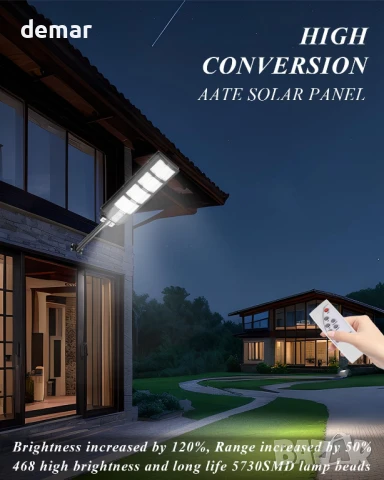 Соларна улична лампа Worshow 600W, сензор за движение - 468 LED 6500K, дистанционно, IP65, снимка 5 - Соларни лампи - 51157392