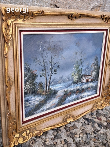 авторска картина зимен пейзаж маслени бои върху платно с красива дървена рамка , снимка 8 - Картини - 54087882