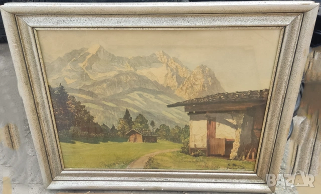 Големи стари картини масло планински пейзаж, езеро, брези-подписани, снимка 2 - Други ценни предмети - 54060095