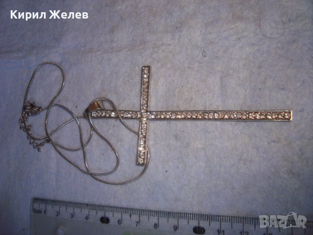 СРЕБРИСТ ГОЛЯМ КРЪСТ - КОЛИЕ с ФАСЕТИРАНИ БЛЕСТЯЩИ КРИСТАЛЧЕТА и ФИНА ВЕРИЖКА 17511, снимка 3 - Колиета, медальони, синджири - 36975030