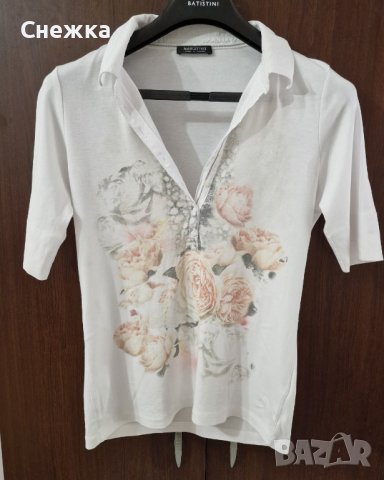 Бяла памучна тениска с яка, снимка 1