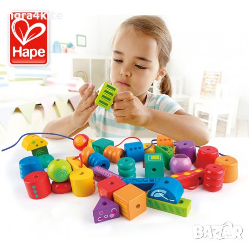 Hape  Дървена игра за малко дете конструктор кубчета с наниз , снимка 2 - Образователни игри - 36583632