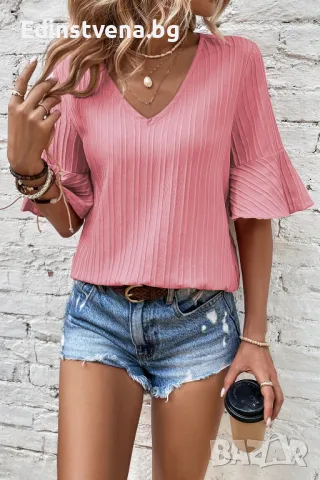 Дамска блуза в розов цвят, с широки ръкави и ефектна текстура, снимка 1