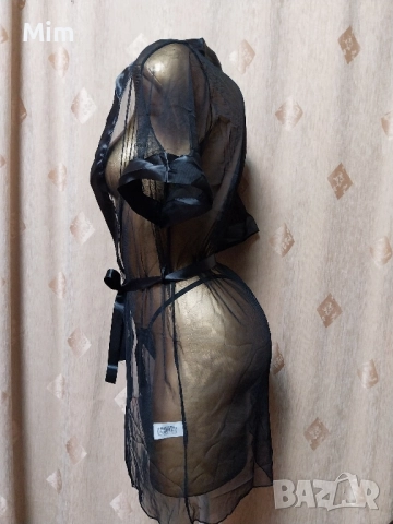 S Ефирен черен халат с къс ръкав , снимка 5 - Нощници - 52004831