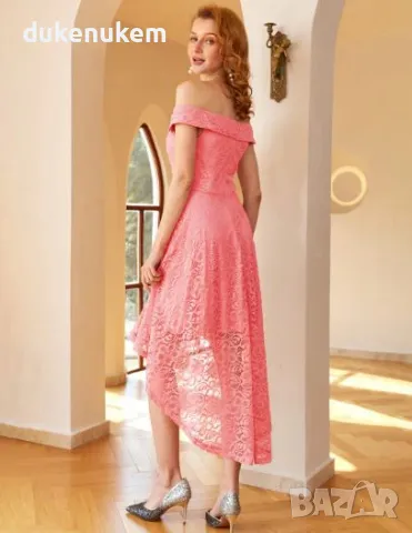 Стилна, официална рокля с голи рамене А-кройка 3XL, корал, снимка 5 - Рокли - 47976391