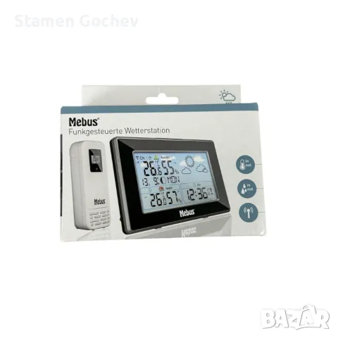 Mebus метеостанция с външен сензор, хигрометър, часовник, черна, снимка 1