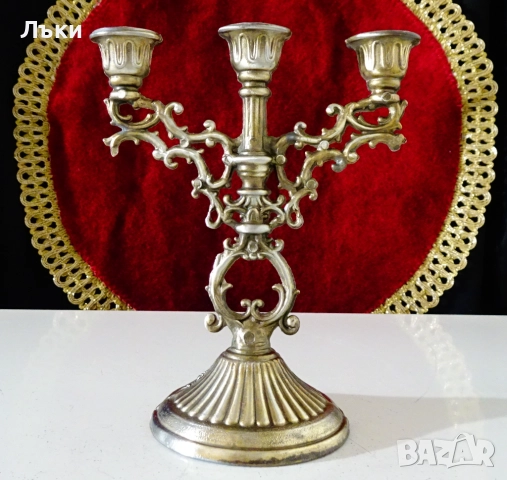 Троен свещник от калай,свещник тройка,готически. , снимка 2 - Антикварни и старинни предмети - 52393873