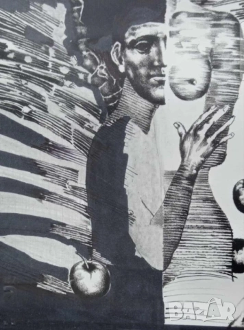 Стара картина на  Стоян Стоянов-Течи 1987 ( 1941 - 2004 .) Мъжки блян по  забранения плод поддписана, снимка 4 - Картини - 53196642