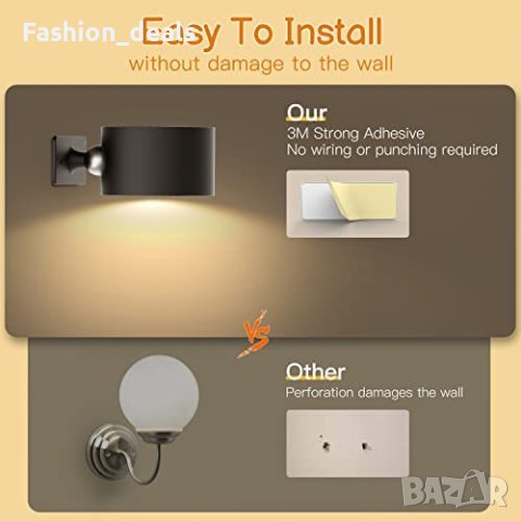 Нова LED стенна въртяща се лампа с 3 яркости акумулаторна батерия, снимка 5 - Лампи за стена - 40671646