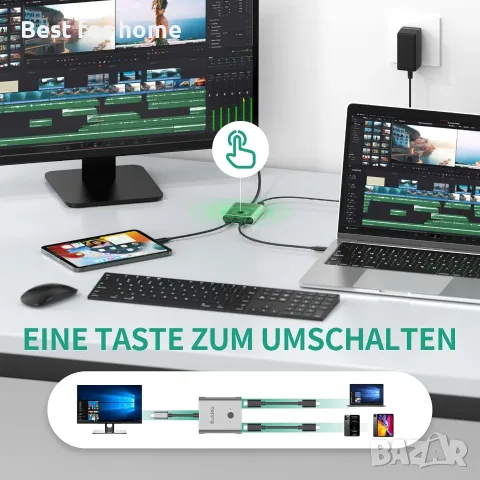 SUIDEK USB-C превключвател, двупосочен USB-C превключвател с поддръжка на 8K@60Hz видео, снимка 4 - Кабели и адаптери - 55875996