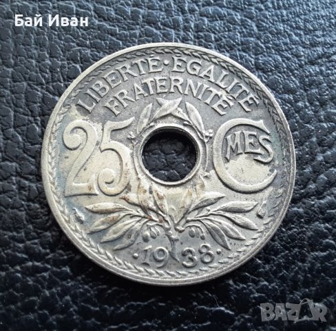 Стара монета 25 сантима 1938 г. Франция-красива !, снимка 5 - Нумизматика и бонистика - 42219984