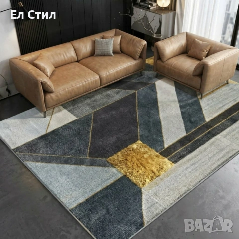 Модерен килим за хол 120х160см - Геометрично сиво със жълт квадрат и 3D ефект, Противоплъзгащ, снимка 2 - Килими - 53928277
