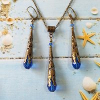 Разкошен комплект бижута в кралско синьо и филигранни орнаменти в цвят бронз , снимка 2 - Бижутерийни комплекти - 37604964