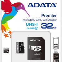 ФЛАШ КАРТА SD MICRO 32 GB "A-DATA" + адаптер за SD клас 10 Secure Digital class 10, снимка 2 - Карти памет - 8349707