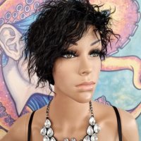 Къс Асиметричен Модел Перука в Черен Цвят с Чуплив Мокър Ефект КОД 9037, снимка 6 - Аксесоари за коса - 42355562