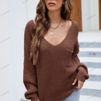 Дамски моден пуловер с джоб с V-образно деколте, 2цвята - 023, снимка 11 - Блузи с дълъг ръкав и пуловери - 38989095
