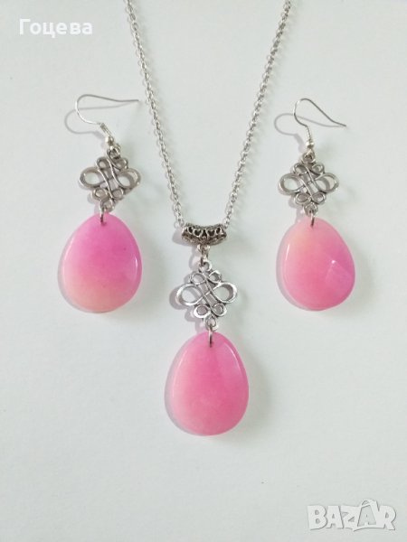 Прекрасен комплект обеци и колие с голям Розов Ахат и филигранни орнаменти в цвят Сребро , снимка 1