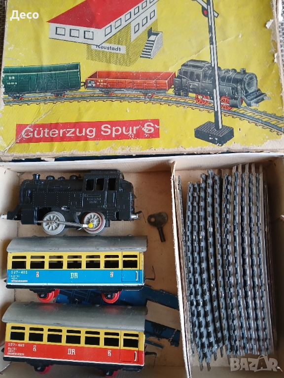 Стара ГДР играчка влак със вагони навиващ се със ключ., снимка 1