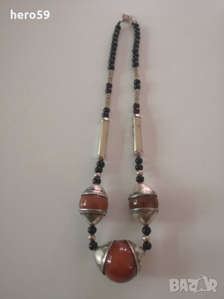 Антикварно старо колие-сребро,черни корали и карнеол/Османска империя/, снимка 1