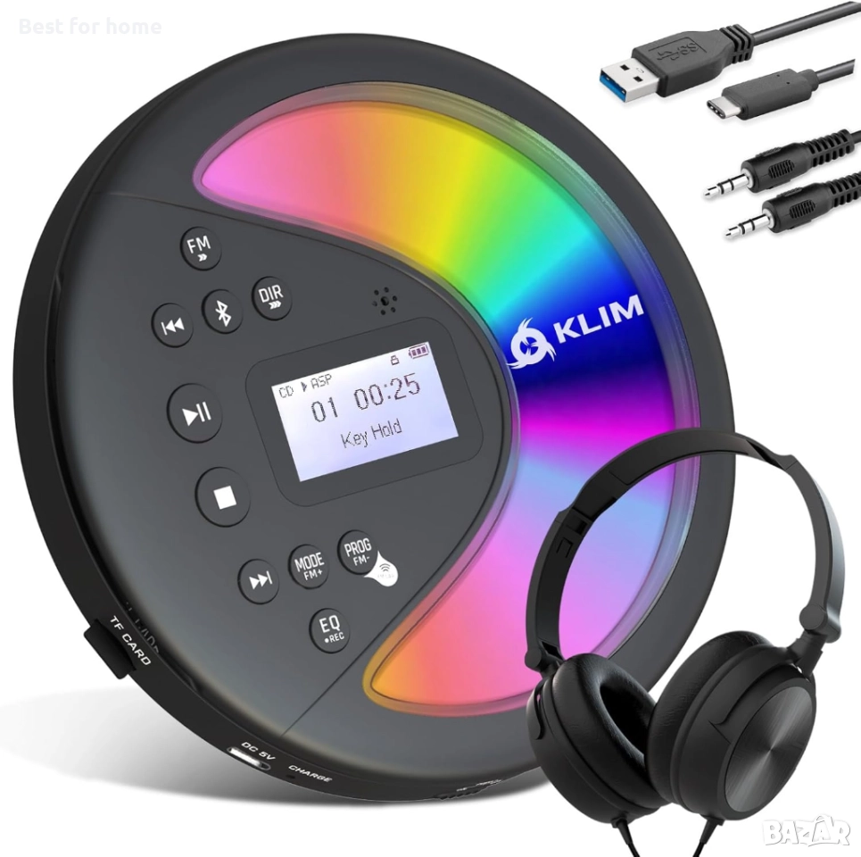 Преносим CD Плеър KLIM – Bluetooth, FM Трансмитер за кола, SD карта и вградена батерия, снимка 1