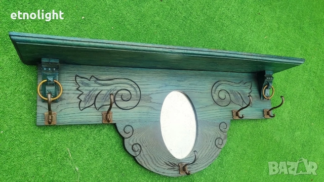 Уникална старинна антикварна дървена закачалка с рафт, огледало и дърворезба , снимка 2 - Декорация за дома - 52209265
