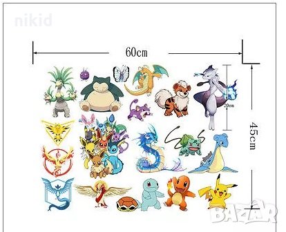 Покемон Пикачу Pokemon герои стикер лепенка за стена или гардероб детска самозалепващ, снимка 3 - Други - 32115497