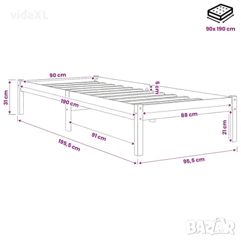 vidaXL Рамка за легло, дърво масив, 90x190 см, Single, снимка 8 - Спални и легла - 56147810